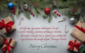 Swieta, Boze Narodzenie, Christmas 2080 Swierk, Bombki, Dekoracje, Serdeczne zyczenia radosnych swiat ...