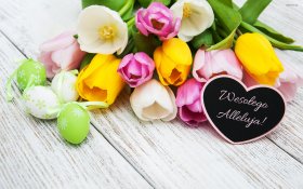 Wielkanoc 718 Kolorowe Tulipany, Pisanki, Serce, Zyczenia