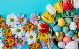 Wielkanoc 755 Kolorowe Tulipany, Jajka, Pisanki, Kwiaty