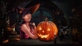 Halloween 260 Fantasy, Czarownica, Czarny Kot, Dynia