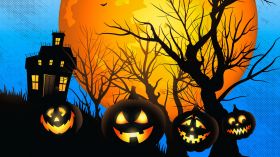 Halloween 336 Vector, Dom, Drzewo, Ksiezyc, Dynie